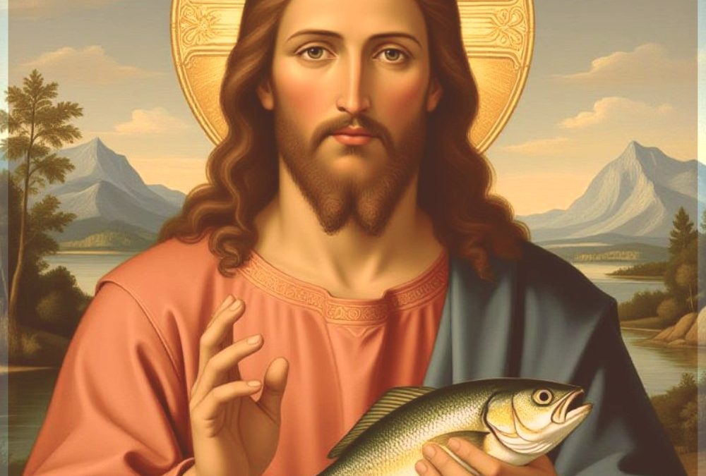 Jesus hält einen fisch, yoga matsya