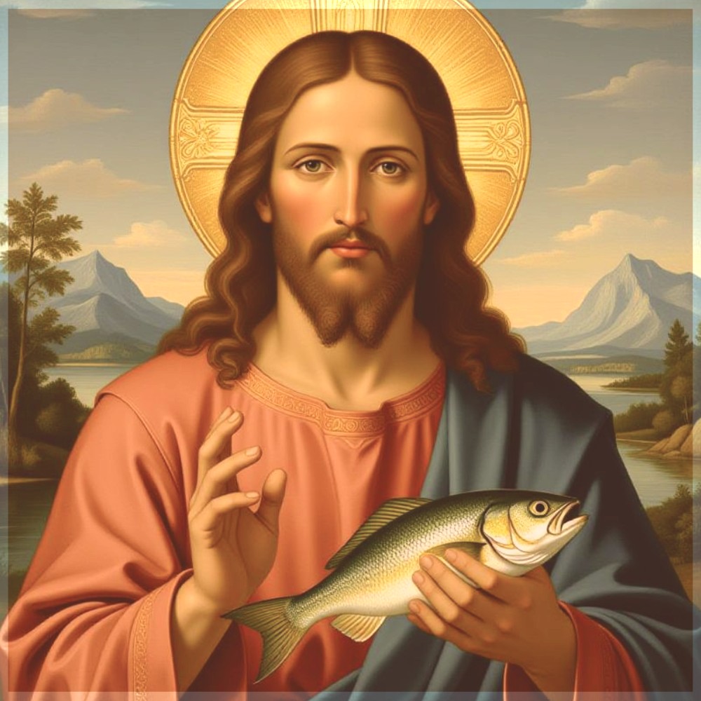 Jesus hält einen fisch, yoga matsya