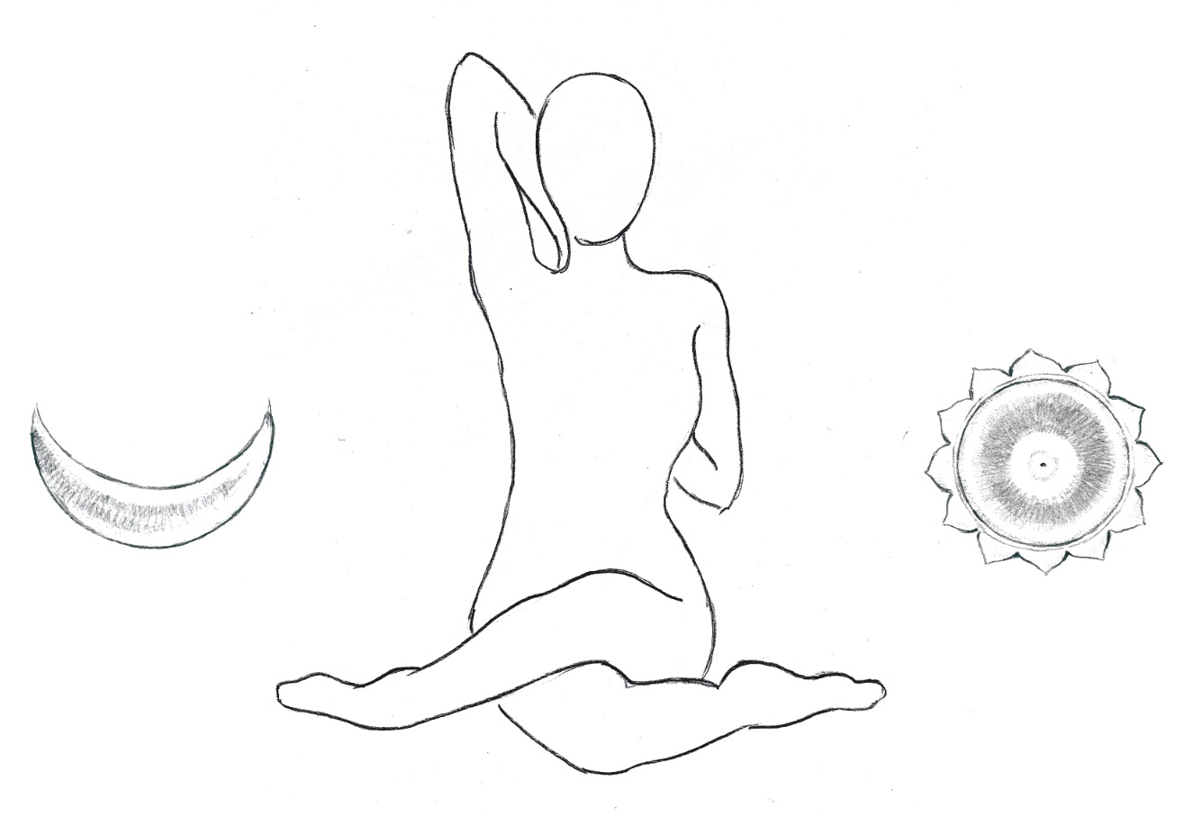 person meditating, yoga, sun, moon