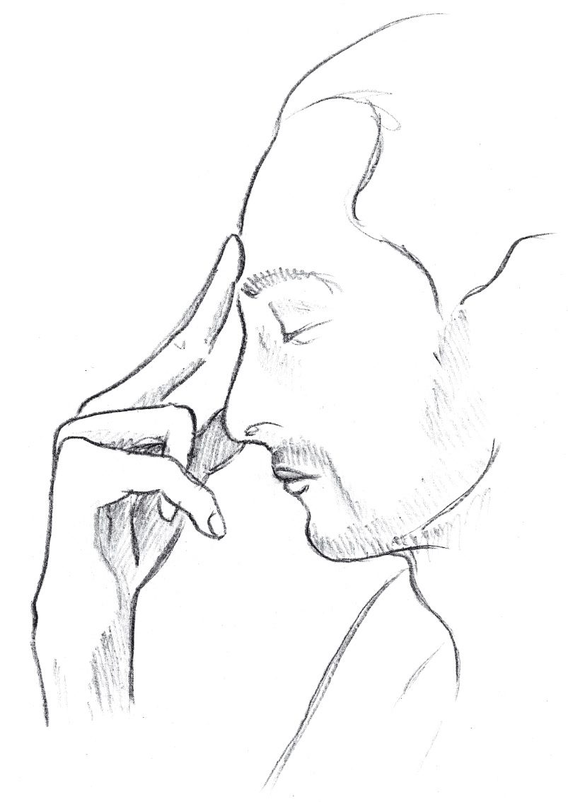 Nadishodhana alternate nostril breathing, hand at the nostril, Divine Mothers Sadhana Kundalini Yoga drawing