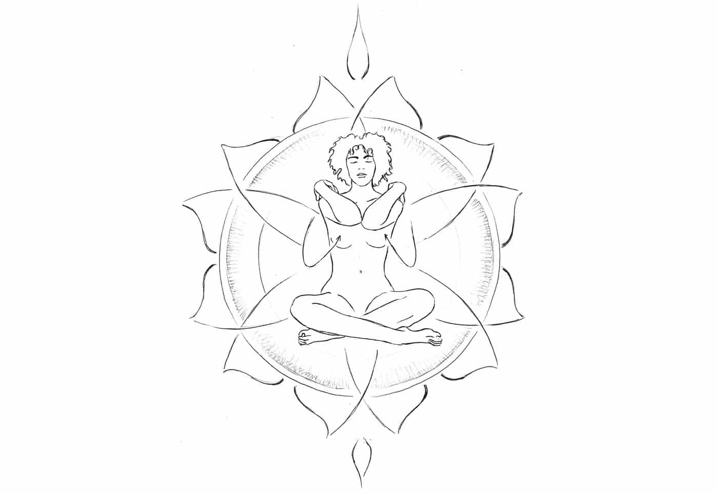 Bija nyasa Meditation Pavanmuktasana 1, Samenklaenge Lotus Mandala Handzeichnung Kundalini Yoga