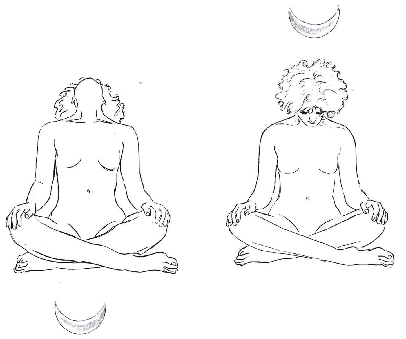 Jalandhara bandha Pavanmuktasana 1, Kinnverschluss Mondsichel Handzeichnung Kundalini Yoga Wien