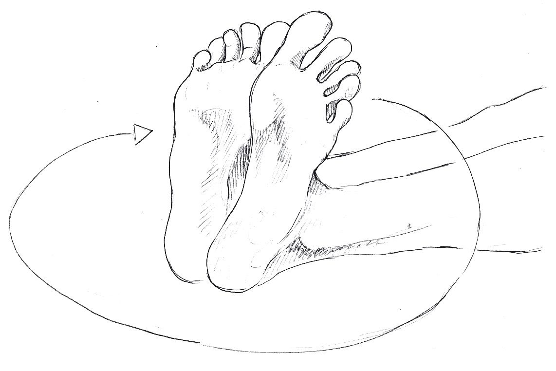 Kulph cakra Knoechelrotation Pavanmuktasana 1, Fussrotation Zeichnung Yoga Anti Rheuma Serie