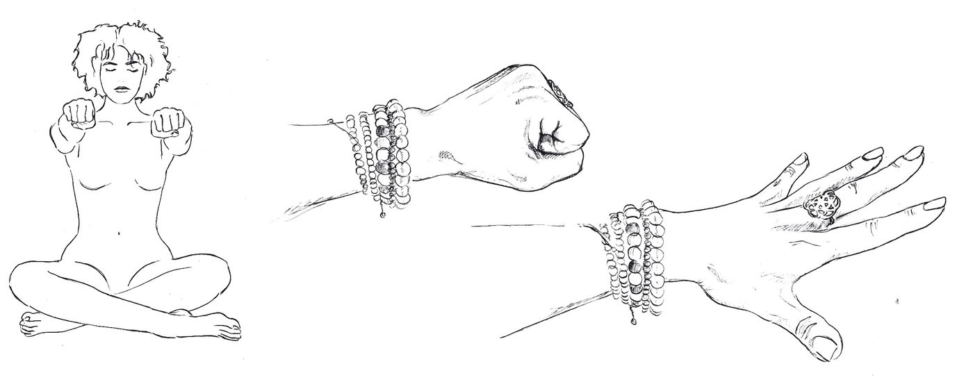 Mustika bandha Handschliessen Pavanmuktasana 1, Faust und offene Hand Zeichnung Kundalini Yoga