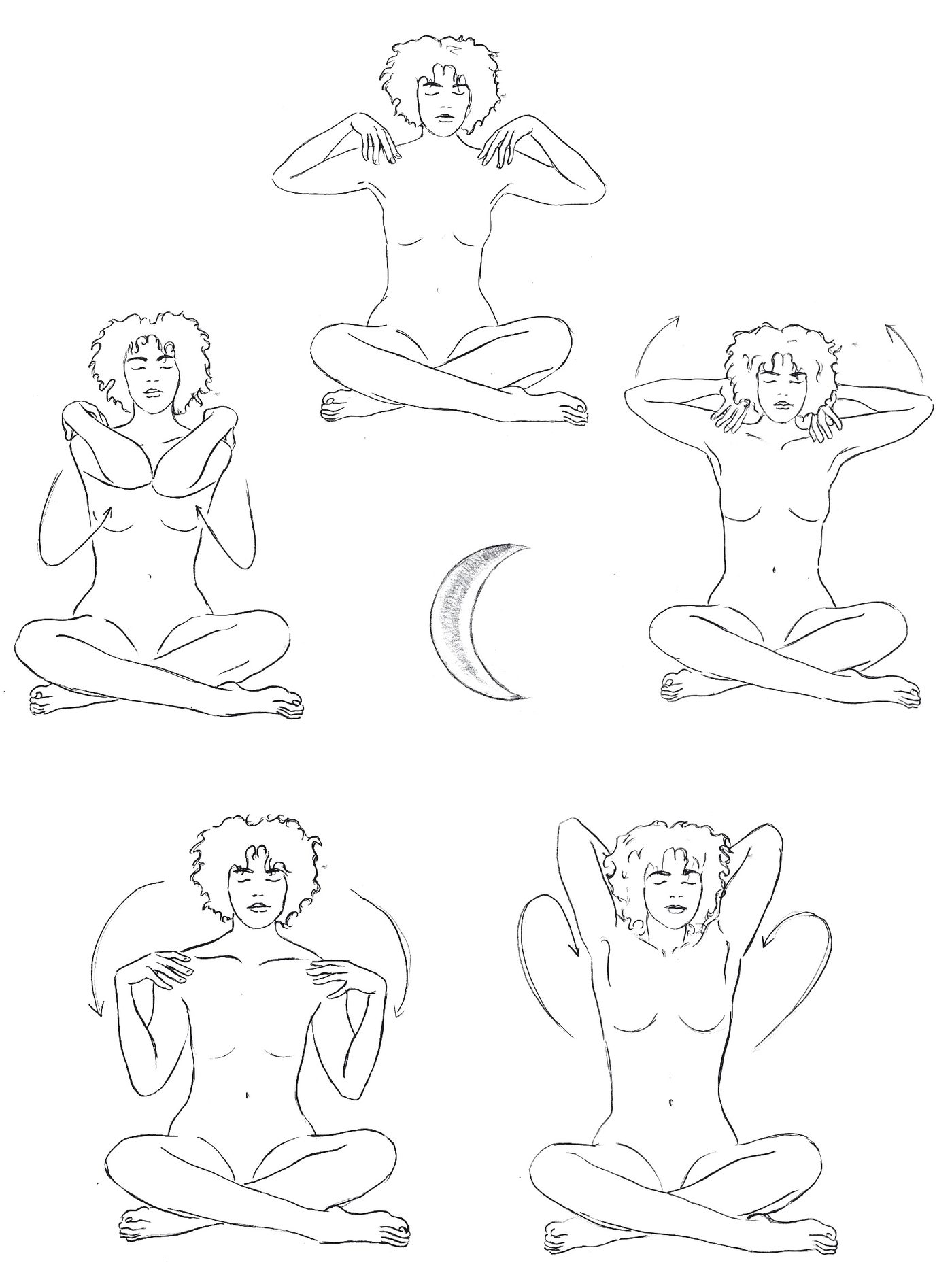Skandha cakra Schulterdrehungen Pavanmuktasana 1, Schulterrotation Mondsichel Handzeichnung Kundalini Yoga