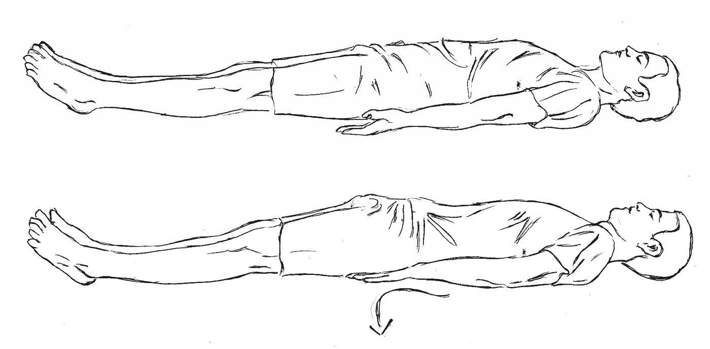 Drdha Uttanpadasana starting position Pavanmuktasana 2, supine with arms beside the body, Kundalini Yoga drawing