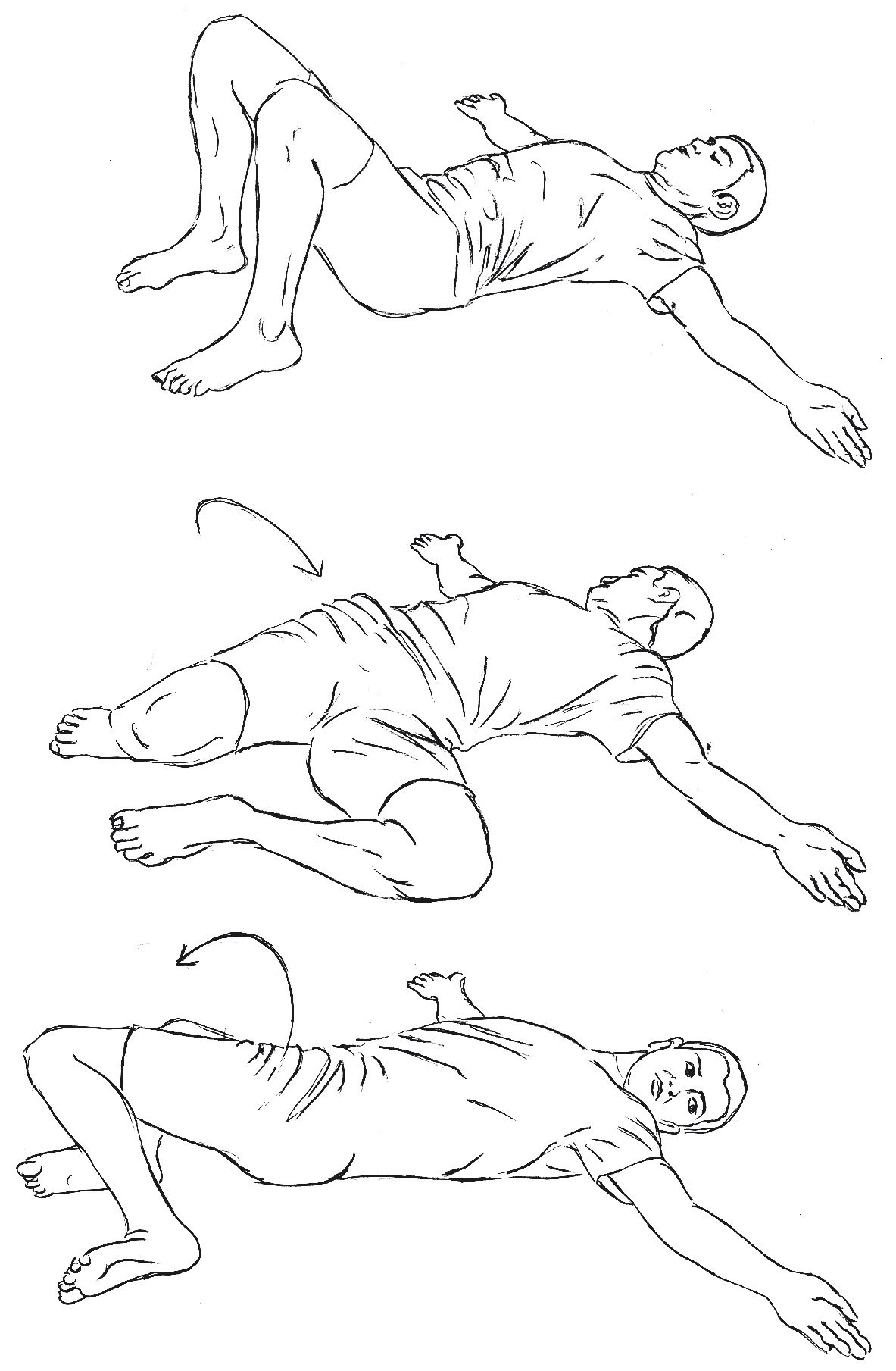 Makra vyayama crocodile exercise Pavanmuktasana 2, letting the knees fall to the side, stimulating the spinal canal, yoga