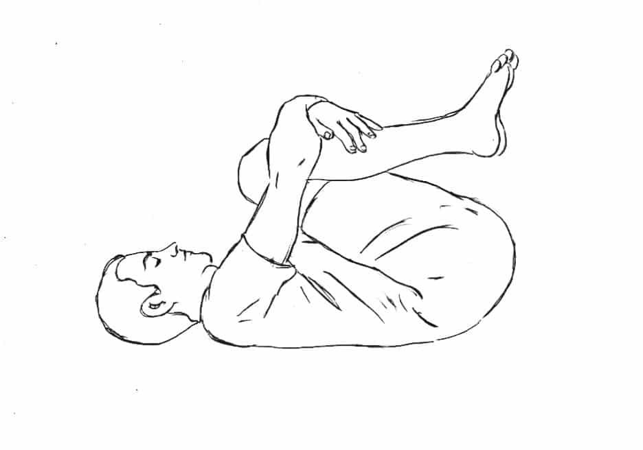 Purna supta pavanamuktasana resting posture Pavanmuktasana 2, knees to the chest, Kundalini Yoga drawing
