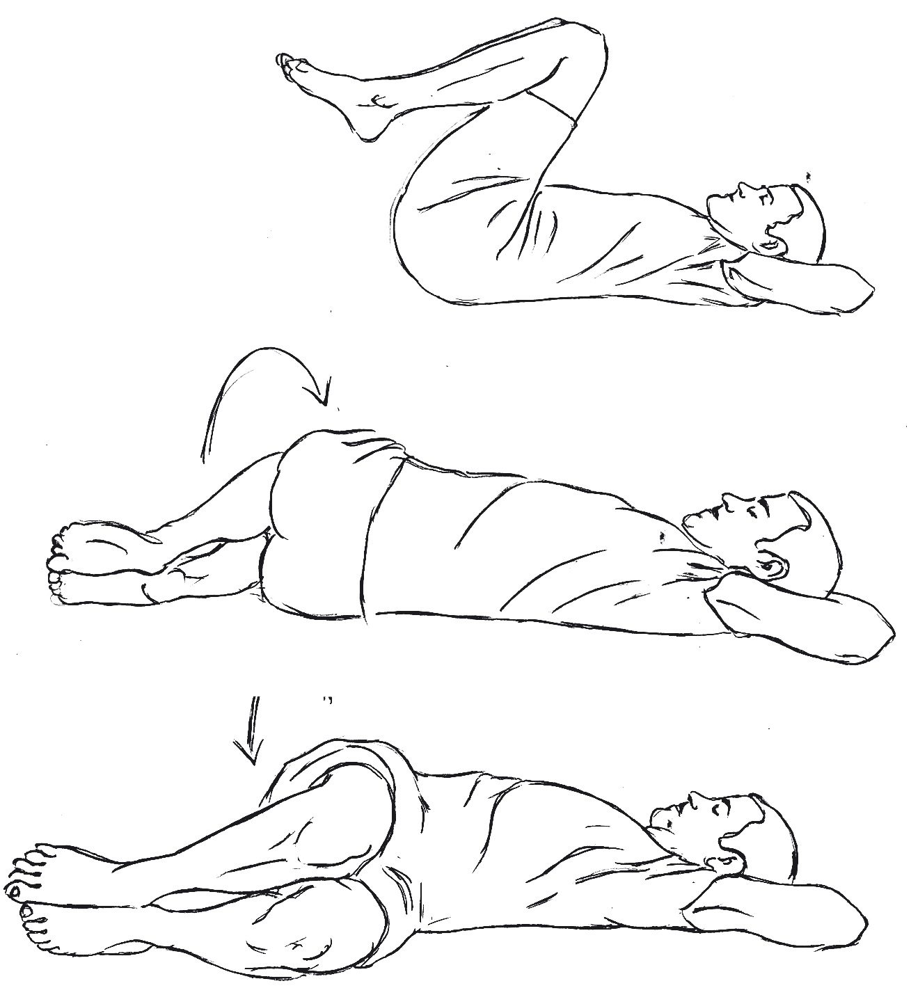 Supta Udarakarsanasana sleeping abdominal twist Pavanmuktasana 2, knees to the side, yoga hand drawing