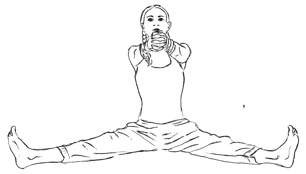Caki Calanasana millstone grip Pavanmuktasana 3, arms extended horizontally, Shakti Bandha illustration