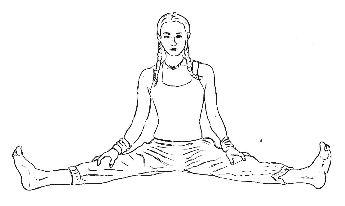 Caki Calanasana wide legs Pavanmuktasana 3, Upavistha Konasana starting position, Kundalini Yoga drawing