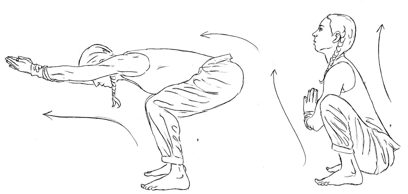 Namaskarasana salutation posture Pavanmuktasana 3, squat with Namaskara Mudra and horizontal extension, yoga illustration