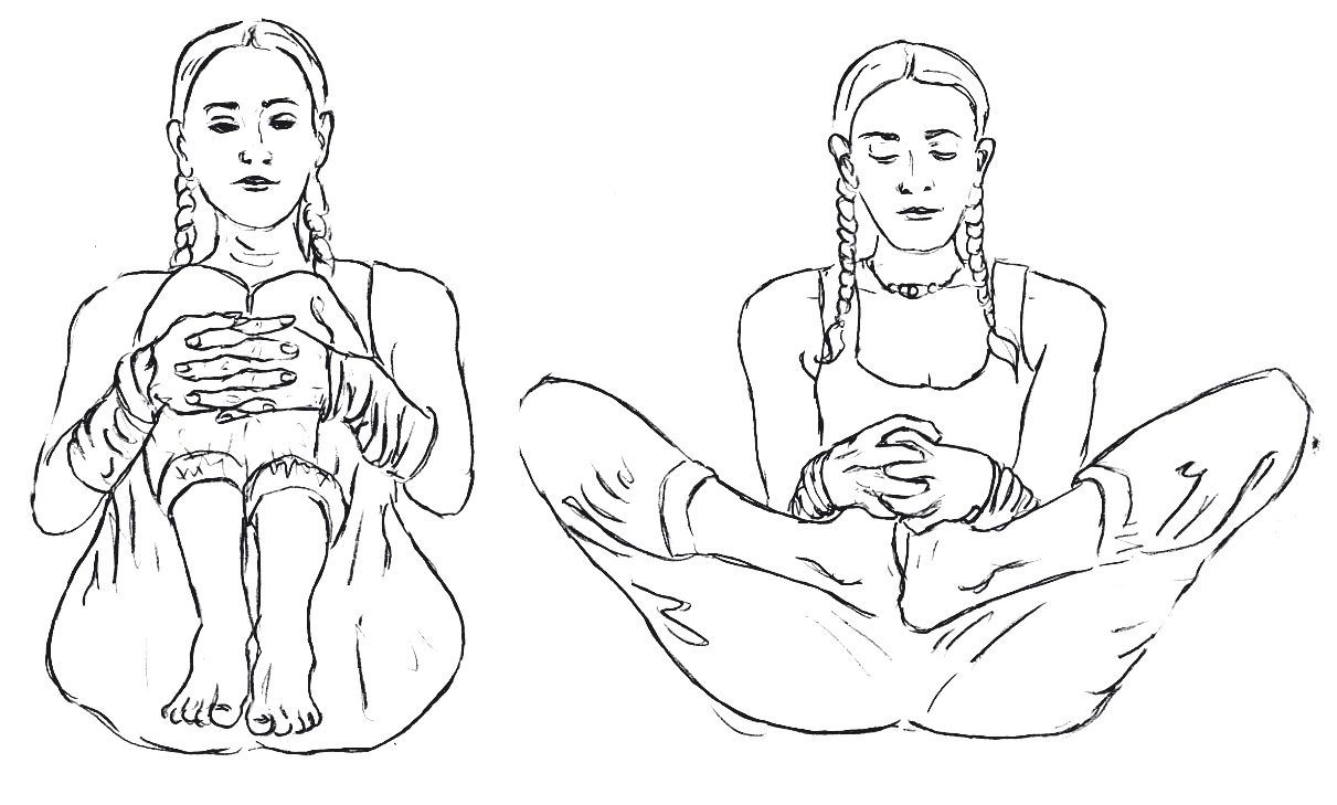 Titali Asana preparation Pavanmuktasana 3, knees to the chest and opening the butterfly, yoga hand drawing