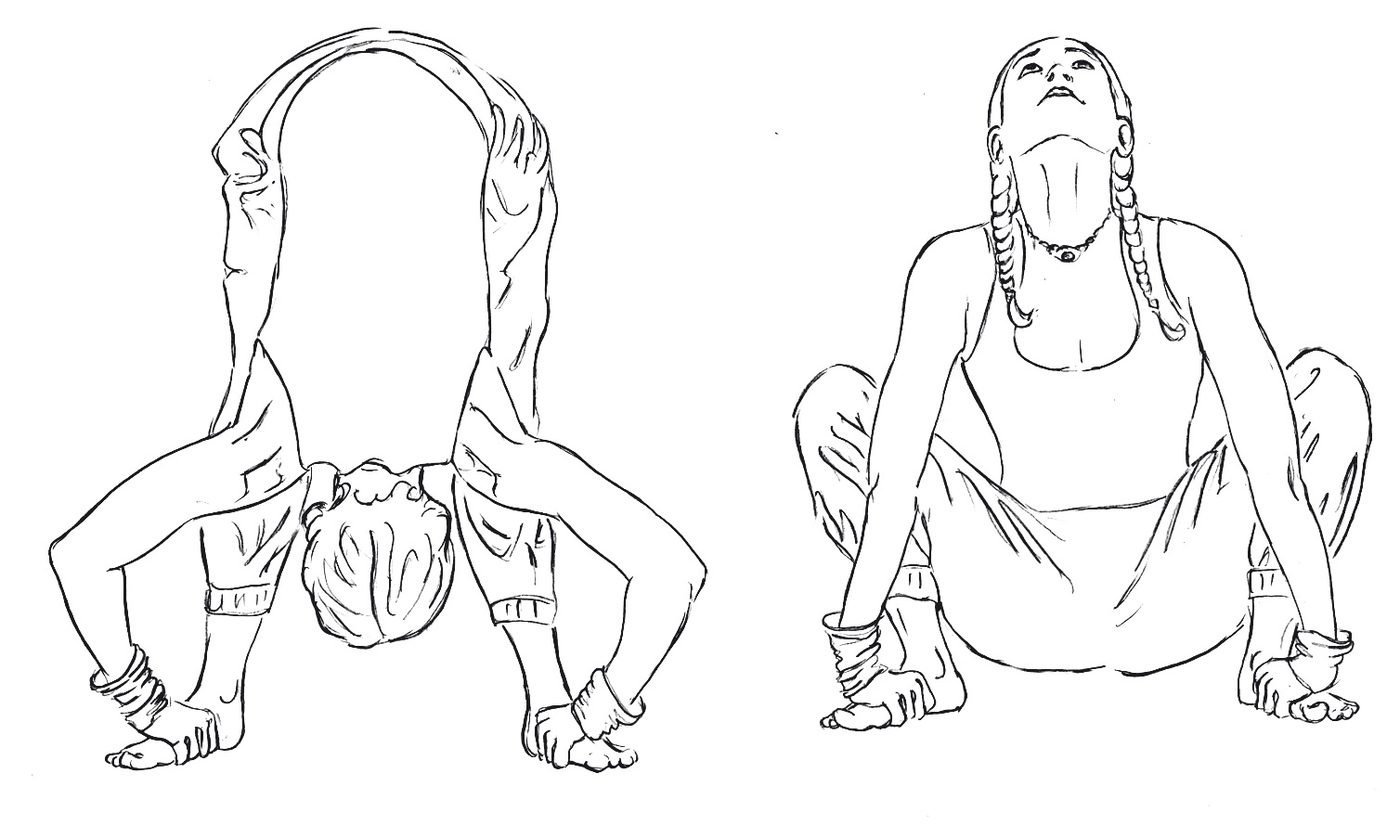 Vayu Niskasana wind-releasing posture Pavanmuktasana 3, squat and forward bend with Mulabandha, Kundalini Yoga drawing