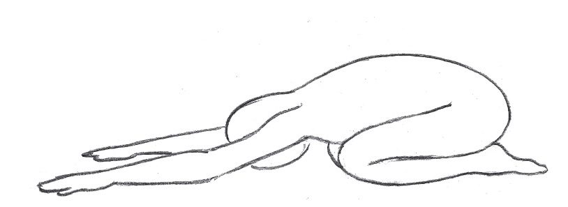 Shashankasana Hasenhaltung, Stirn am Boden mit ausgestreckten Armen, Divine Mothers Sadhana Kundalini Yoga